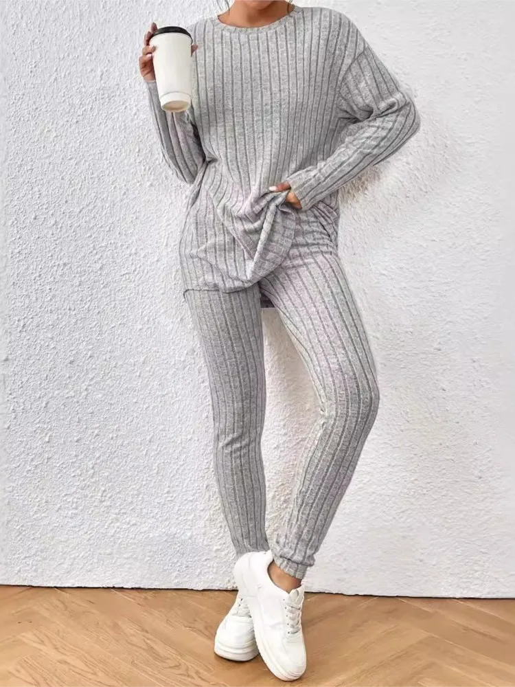 Casual O-neck Two Piece Set Women Outfits Autumn Winter New Fashion Solid Knitted Long Sleeve Sweater Elegant Loose Pants Suit