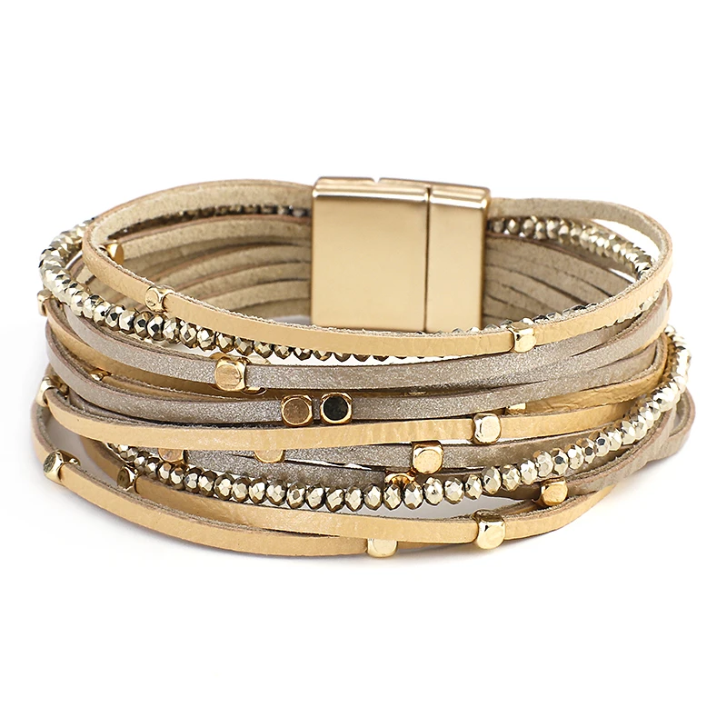 Amorcome Metal Beads Charm Genuine Leather Bracelets for Women Bohemian Multilayer Wide Wrap Bracelets & Bangles Femme Jewelry