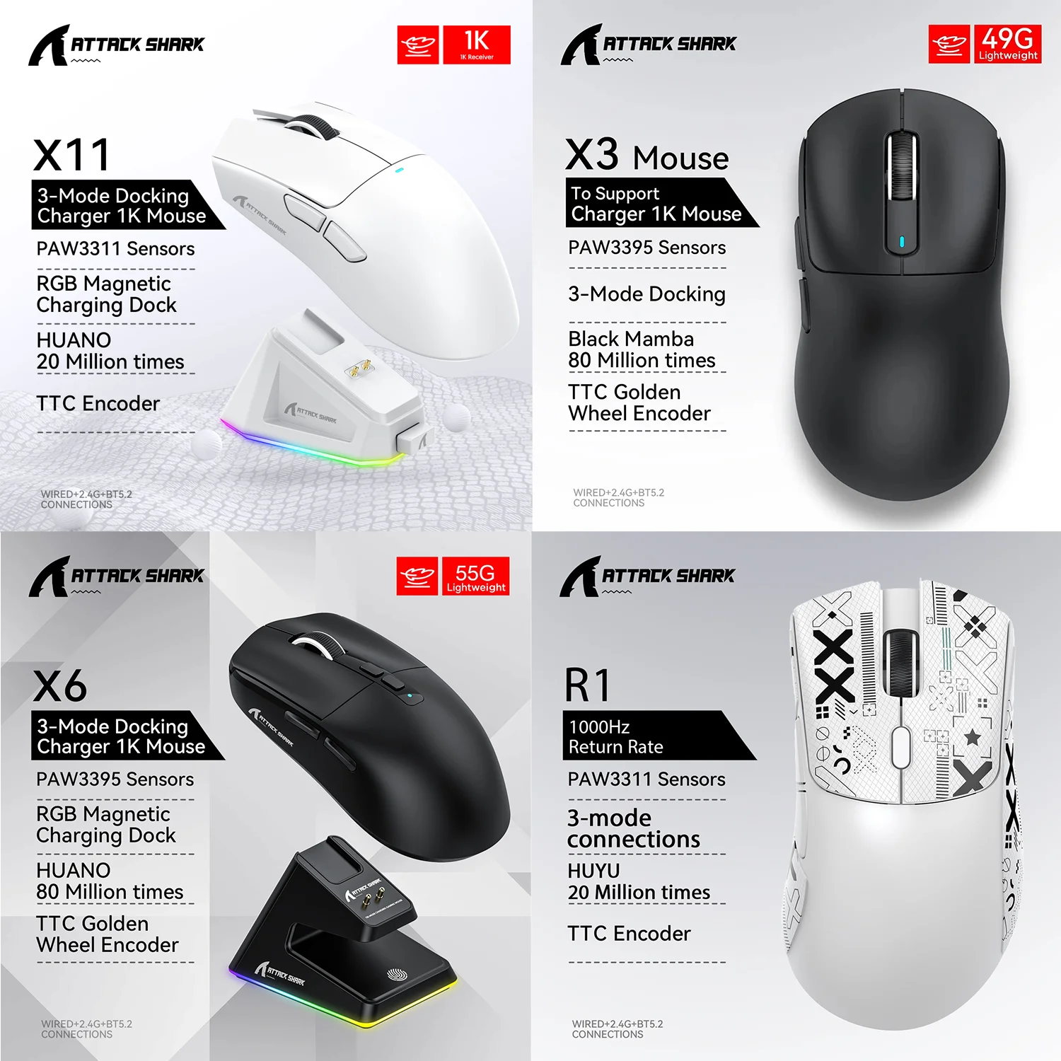 Attack Shark X11 X6 X3 R1 Wireless Gaming Mouse, RGB, Ergonomic, Ultra-Light, Tri-Mode, Macro, PAW3395/PAW3311, 26000 DPI