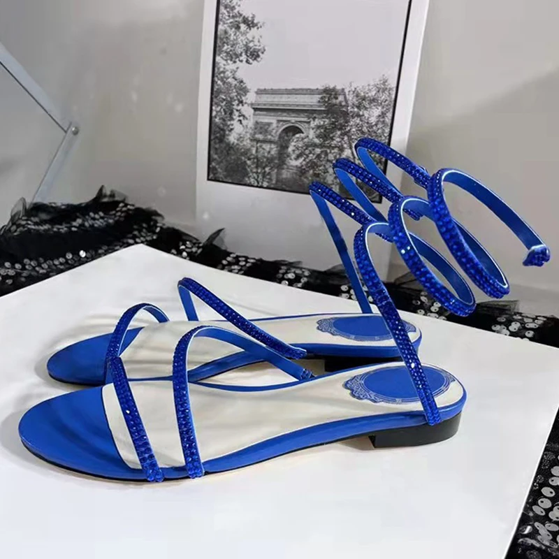 Designer Gladiator Sandals Women Rhinestone Ankle Snake Twine Around Wedding Party Shoes Women Summer Flat Sandals Woman