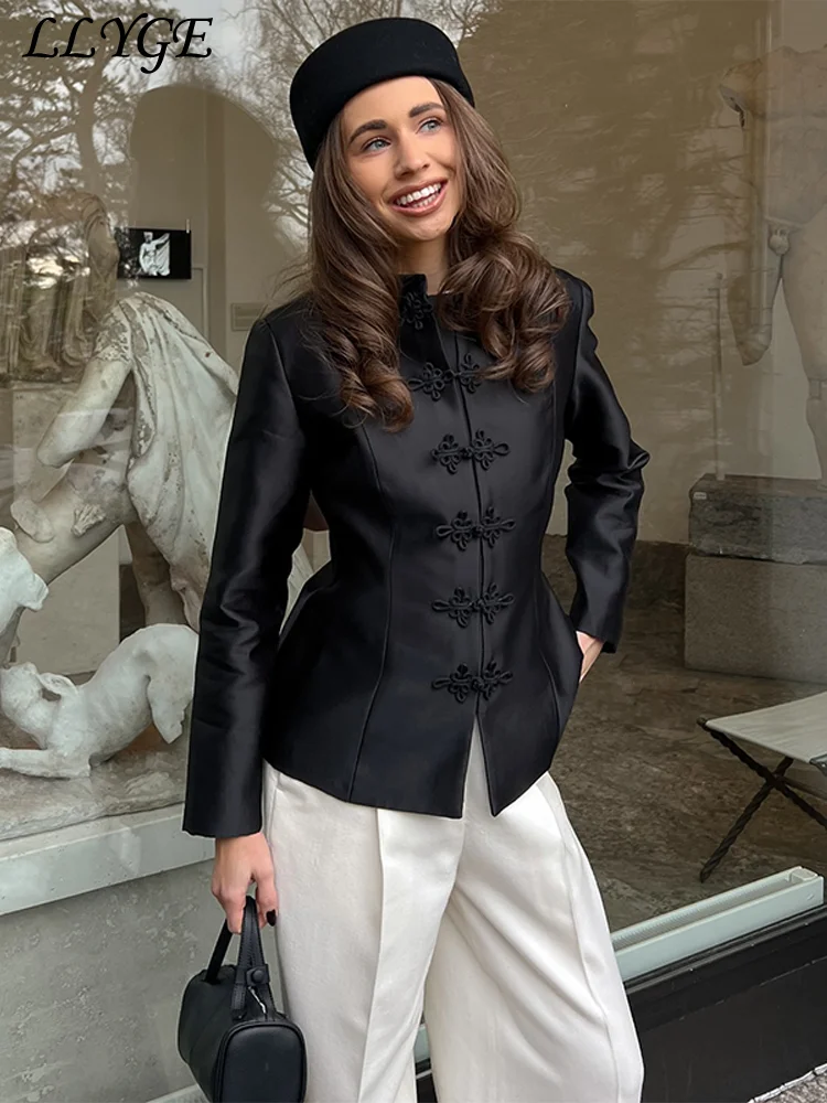 Vintage Women's Satin Frog Buttons Mandarin Jacket Stand Collar Full Sleeve Coat 2026 Spring Lady Party All-match Outwear