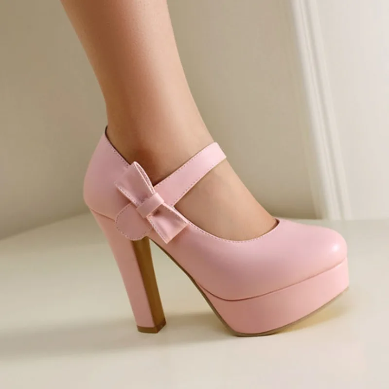 Sexy Mary Janes Pumps Round Toe Block Heels 12cm Platform 3.5cm Bowknot Plus Size 46 47 48 Fashion Dating Party Shoes
