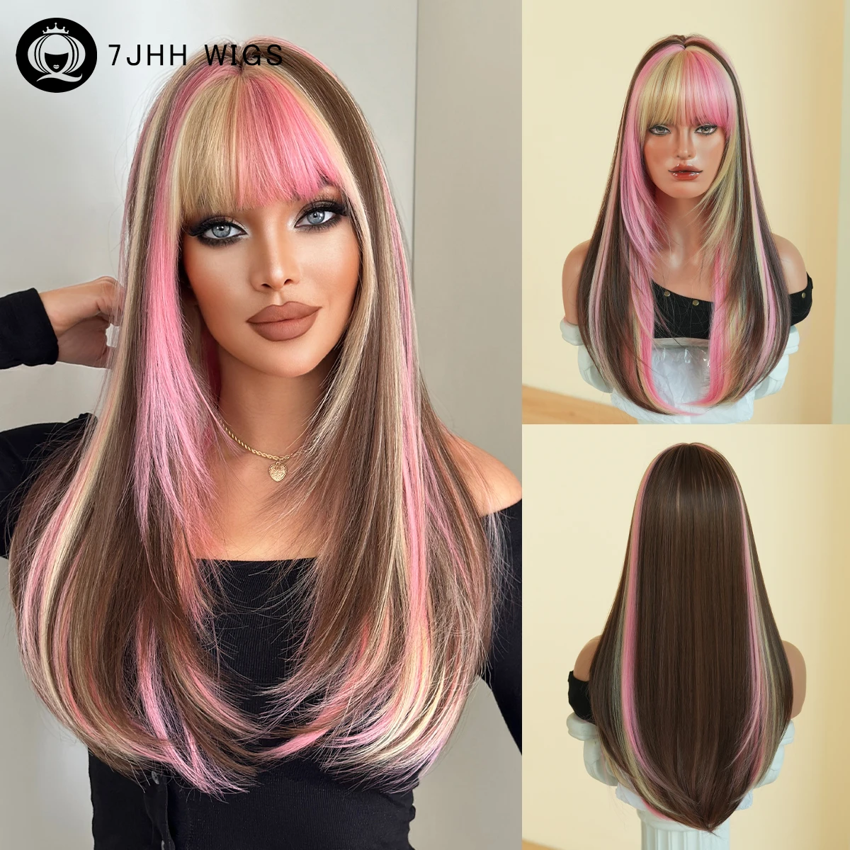 7JHH WIGS Long Straight Brown Highlight Pink Wig for Women Synthetic Modest Fashion Wear and Go Ombre Blonde Wigs with Neat Bang