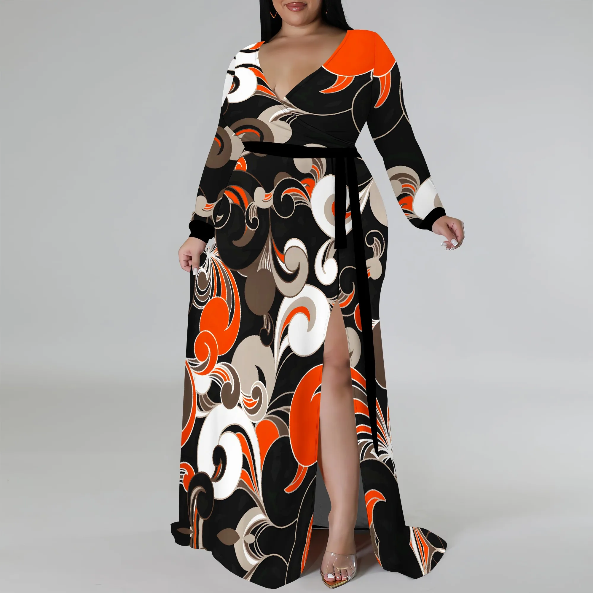 Plus Size Long Sleeve Colorful Swirl Print Wrap Maxi Dress for Women, Casual Elegant Dress with Side Slit for Spring