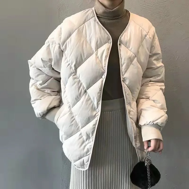 Korean Sle Diamond Pattern down Cotton Jaet Women's ort Puffer Loose Baseball Bread Coat Thi Outerwear
