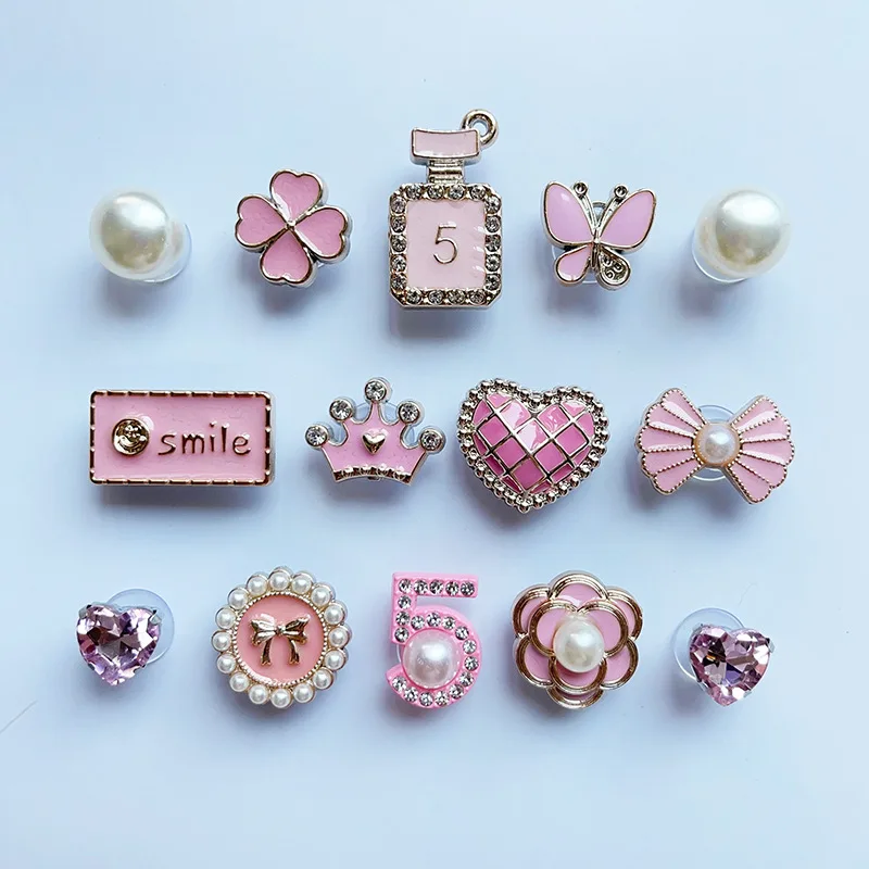 14Pcs Pink Shoe Charms Set Diamond Pearl Rhinestone Detachable Chain buckle Girls Shoe Decoration Creative DIY Shoe Flower