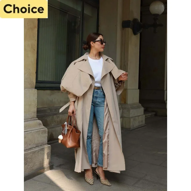 Women Casual Lace Up Long Trench Coat Chic Solid Color Full Sleeve Lapel Windbreaker 2025 New Y2K Fashion Loose Commute Jackets