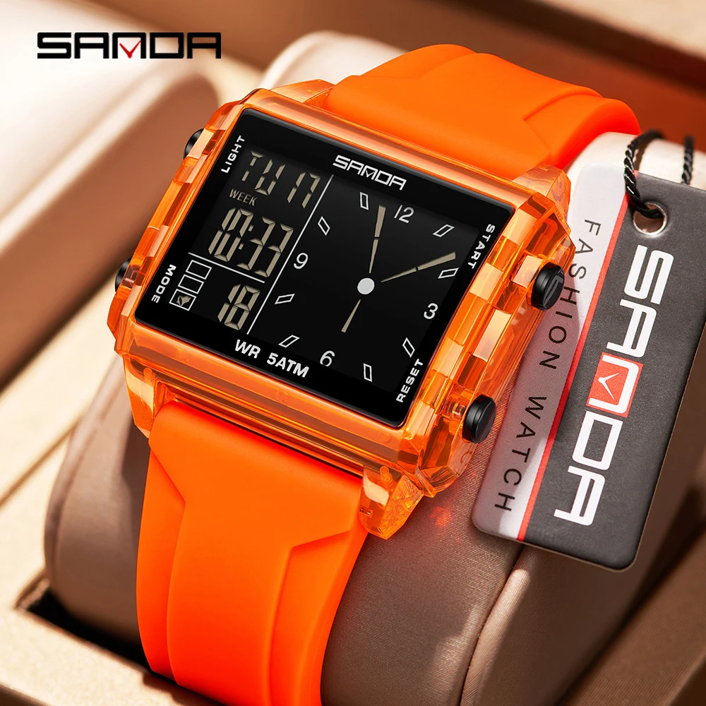 SANDA 6273 Wristwatch Square Dual Time Man Electron Analog Watch for Men Women Waterproof Count Down Timer Digital World Time