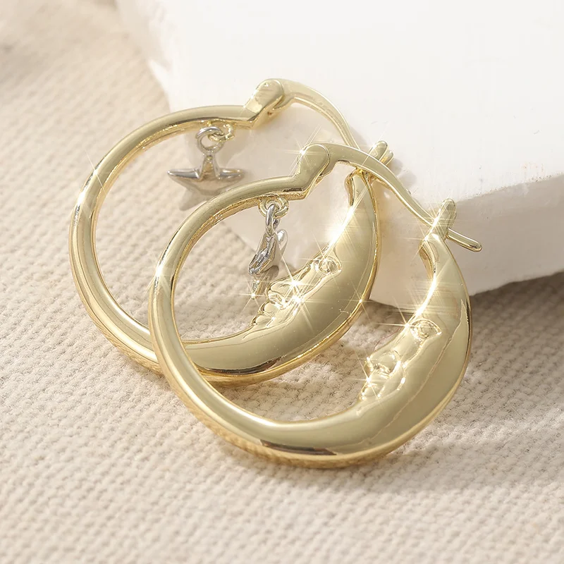 Crescent Moon and Star Hoop Earrings