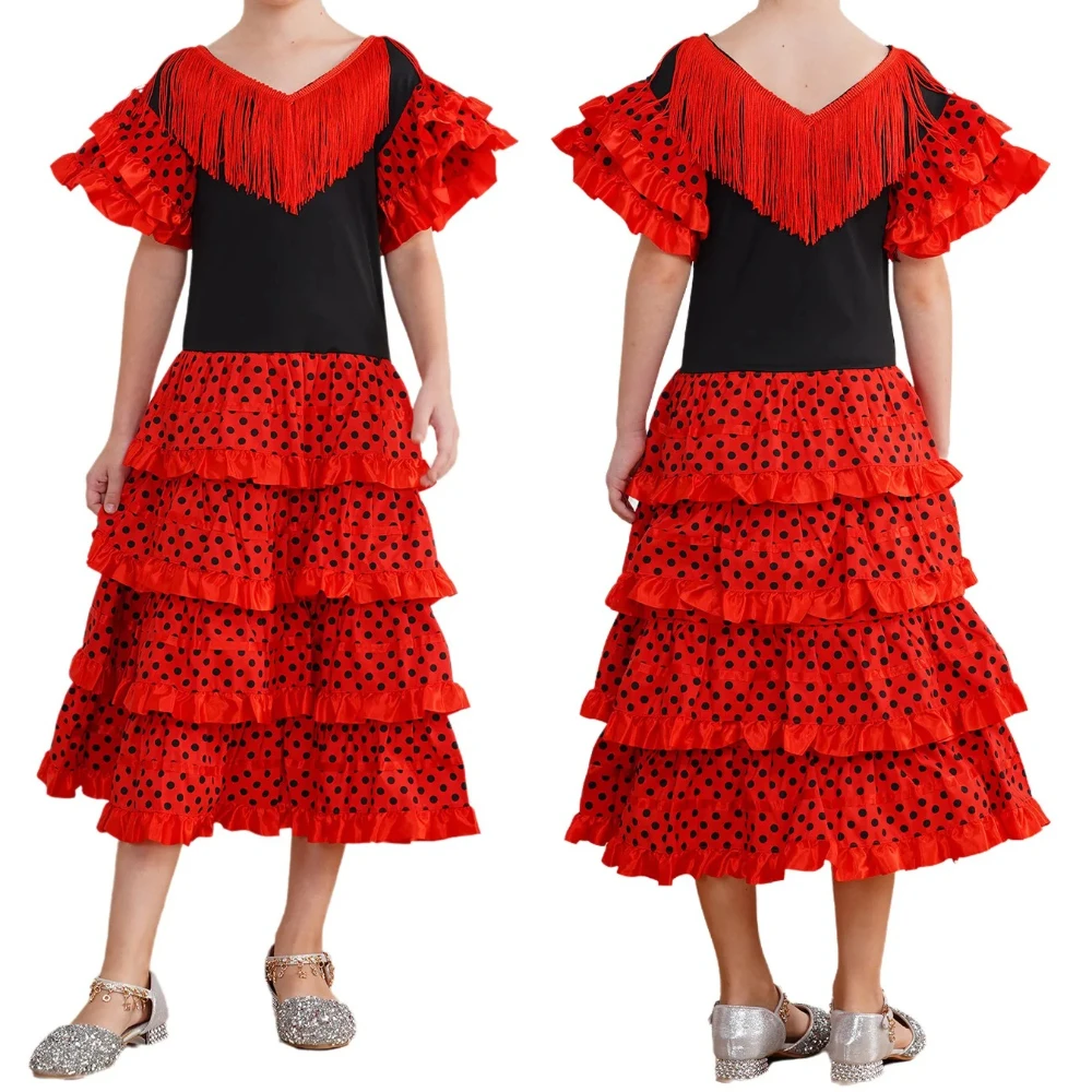 Kids Flamenco Dancer Costume Childrens Traditional Spanish Dance Dress for Girls Festival Carnival Stage Performances Dancewear