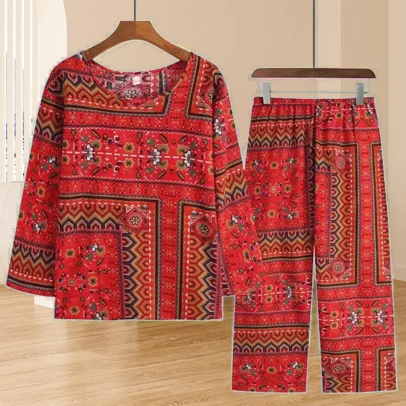 Plus Size Women's Long Sleeve Two-Piece Set Spring Autumn plus Size Fat Mommy Grandmother Comfortable Breathable Casual Wear