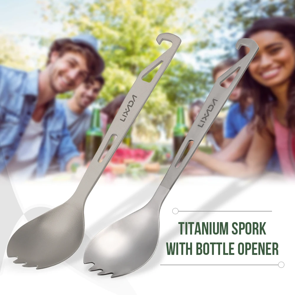 Lixada Half Polished Titanium Spork with Bottle Opener Lightweight Outdoor Dinner Spoon Fork for Travel Camping Backpacking