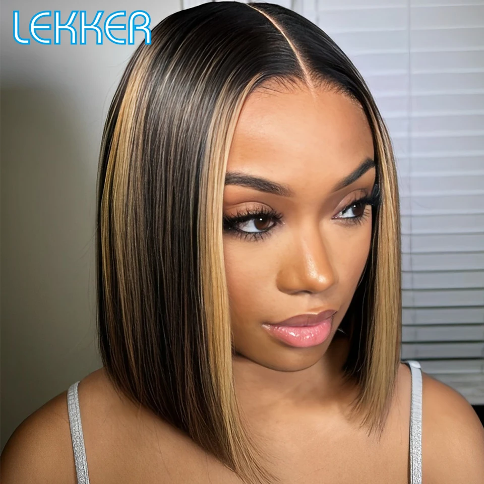 Lekker Highlight Brown Short Straight Bob 13x1 T Part Lace Front 100% Human Hair Wigs For Women Brazilian Remy Hair Clearance
