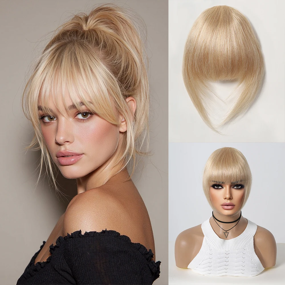 Clip in Bangs 100% Human Hair Bangs French Natural Blonde Hair Bangs with Temples Clip on Fringe Hairpieces for Women