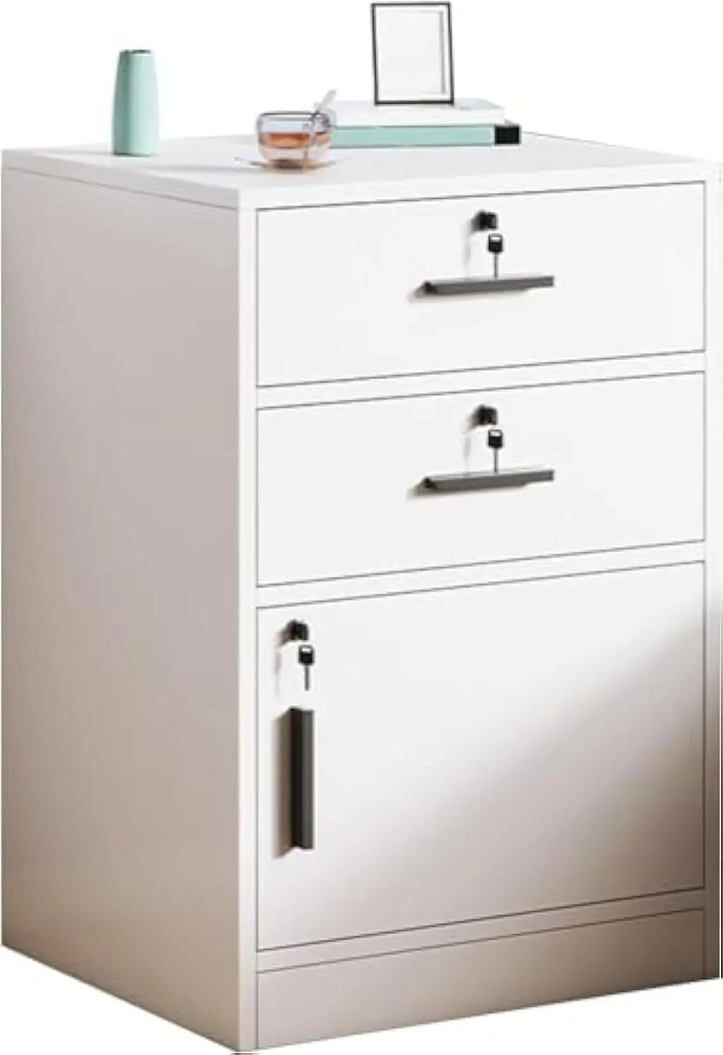 Filing Cabinet with 1 Drawer and 1 Door Lockable Office Cabinet with Wheels in White Industrial Wood 37x34x59cm (Four drawers)