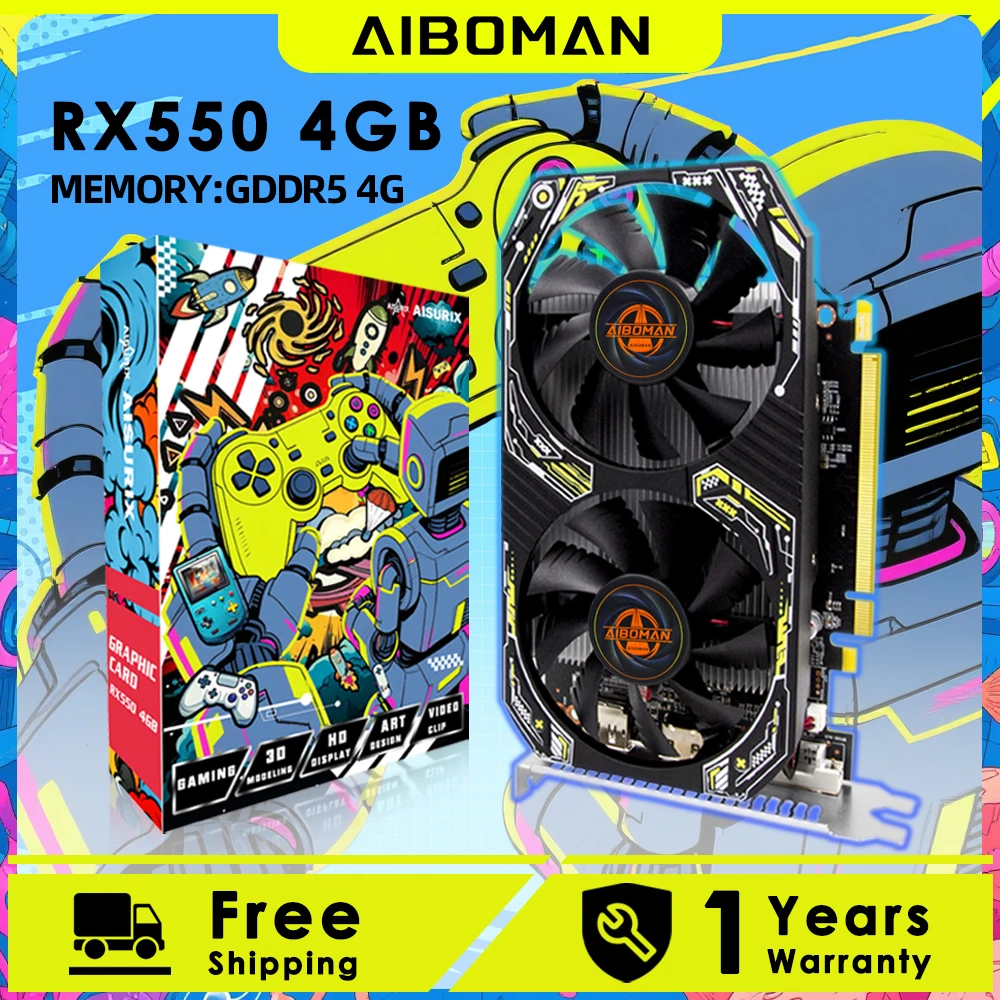 AIBOMAN Gamer Black Yellow AMD RX550 4GB GDDR5 Graphics Card 128Bit Dual Fan Computer Assembly Accessories Electric Office Games