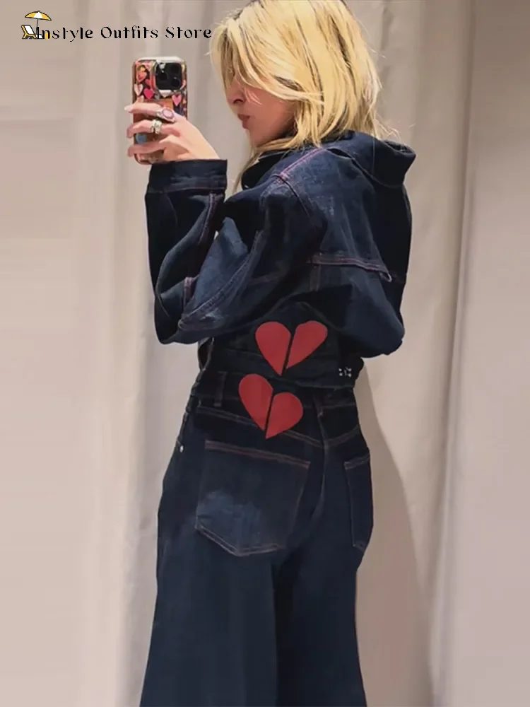 Heart Printed Denim Coat Pant Suits Women Single-breasted Lapel Cropped Jacket High-waist Wide-leg Trouser 2026 New Lady Outwear