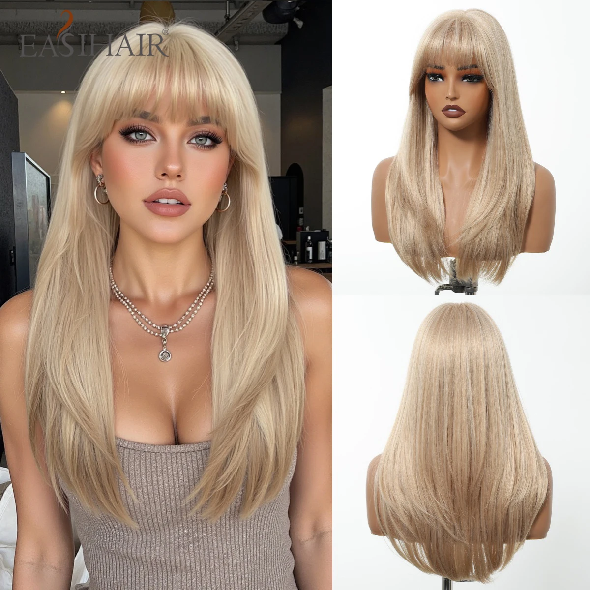 EASIHAIR Long Blonde Synthetic Wigs for Women Straight Layered Natural Hair Wigs With Bangs Heat Resistant Wigs for Daily Use