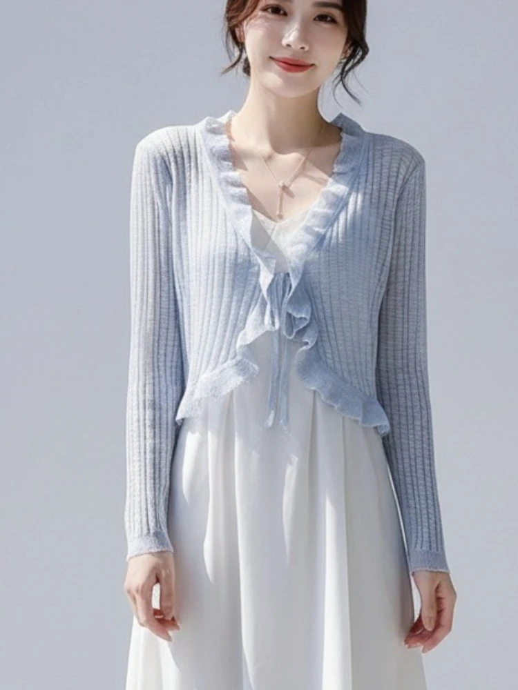 2026 Lace Trim Button Long Sleeve Women Crop Top Short Sleeve Open Front Ribbed Knit Cardigan Sweater Summer Fairycore Outfit