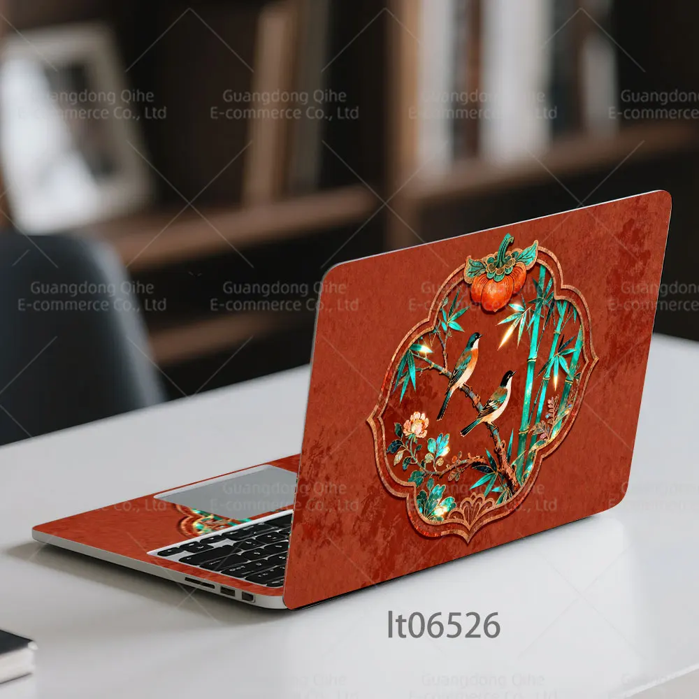 2PCS Chinese Style Bamboo & Bird Laptop Skin Sticker, Retro Red Palace Art Decal Cover for Macbook HP Dell Lenovo 11-17 inch