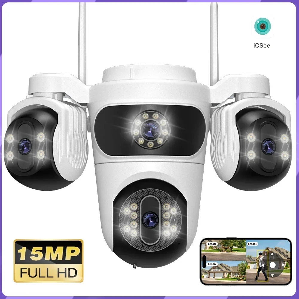 15MP WIFI Camera Three Screen PTZ Camera Human Detection Security CCTV Surveillance 10MP HD External Dual Lens Camera iCsee