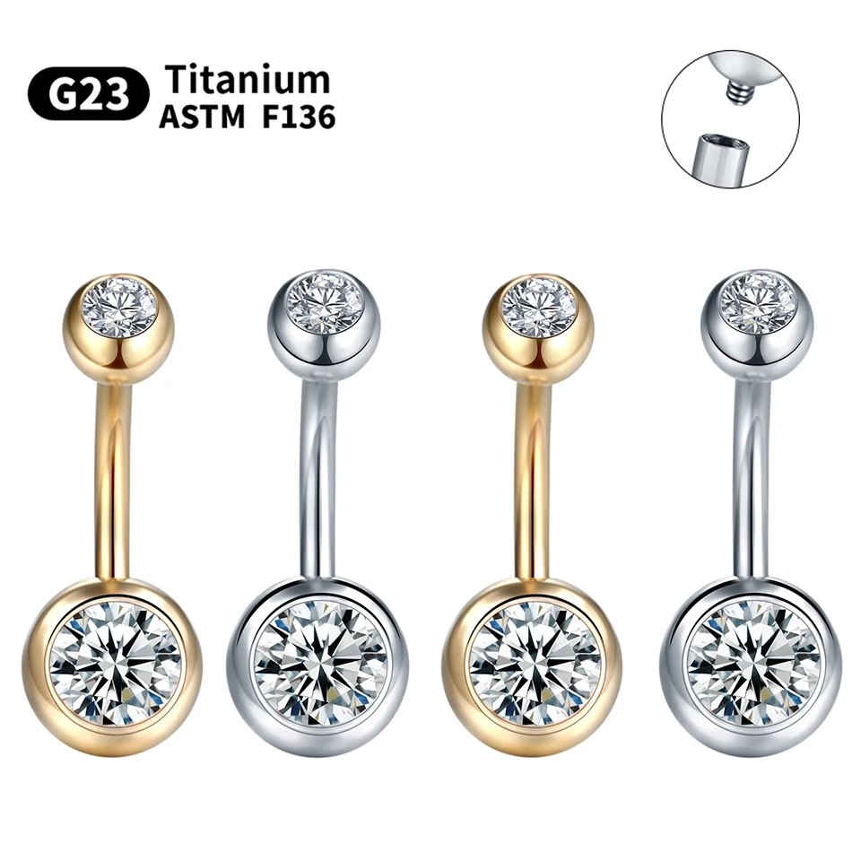1PC G23 Titanium 14G Gold Color Belly Button Rings Navel Nombril Piercing CZ Gem 6/8/10/12mm Bar Belly Piercing Sexy Jewelry
