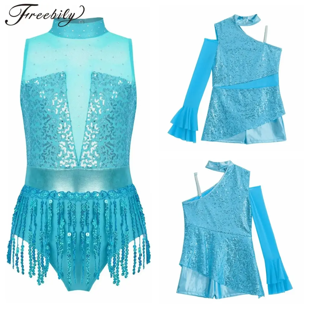 Kids Girls Sparkly Sequins Latin Jazz Dance Costume Streetwear 6-16y Gymnastics Leotard Tango Performance Dance Costume Jumpsuit