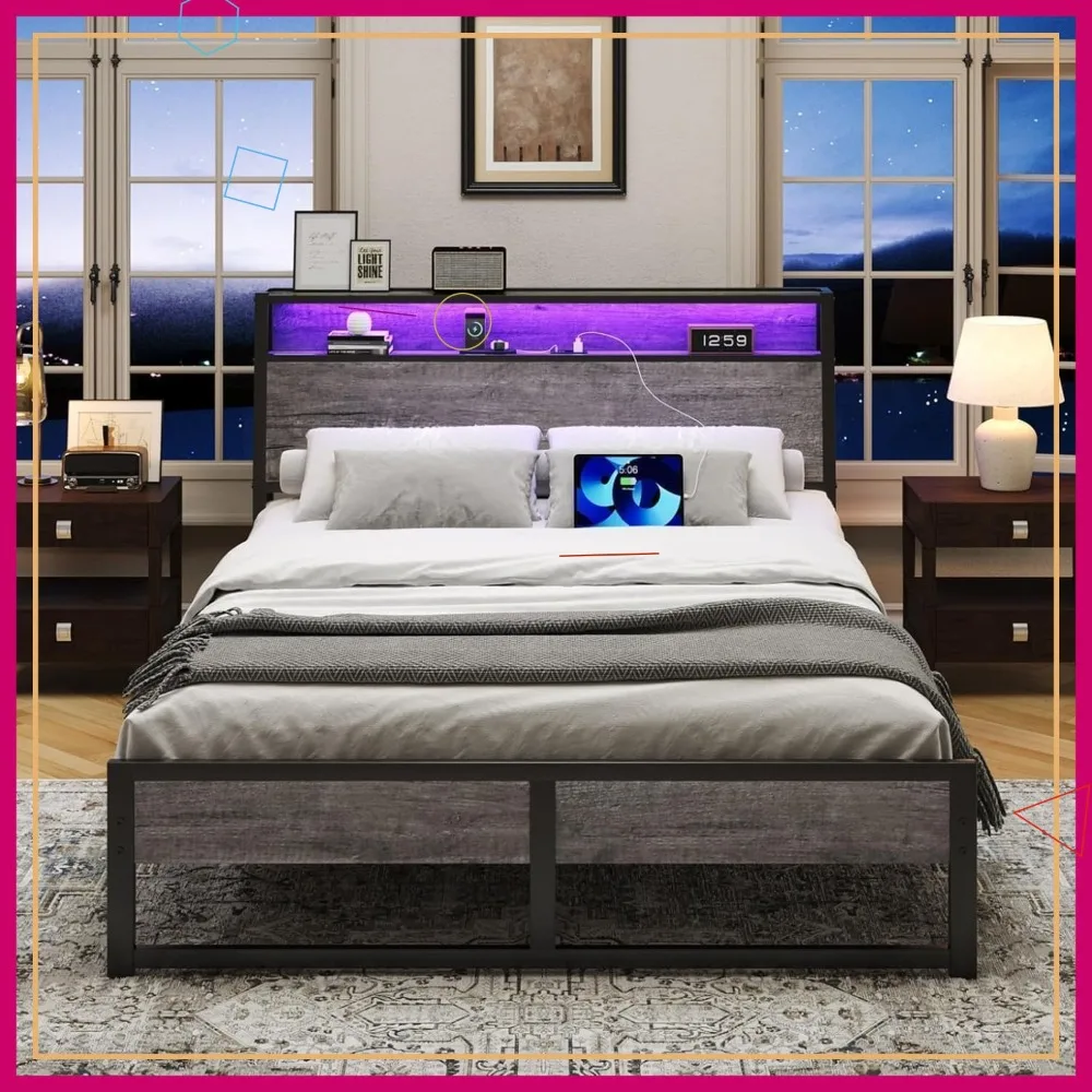 Full Size Bed Frame with LED Lights, Storage Headboard & Charging Station, Easy Assembly, Grey