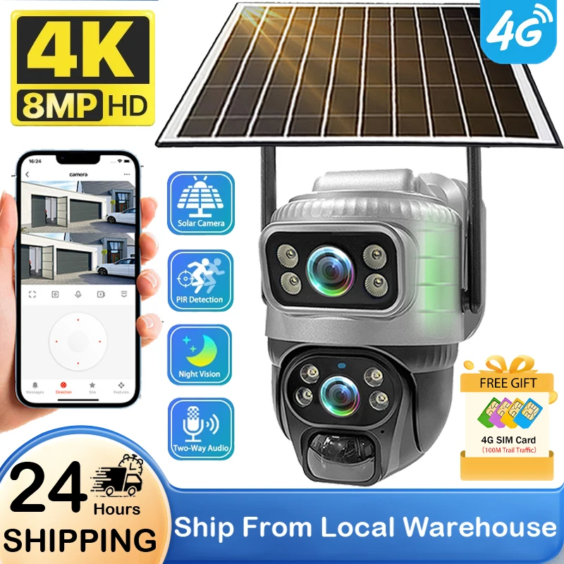 V380 4G Solar Surveillance Camera Dual Lens Outdoor Battery Security Cameras Night Vision 4K 8MP Solar Charging Video Monitor