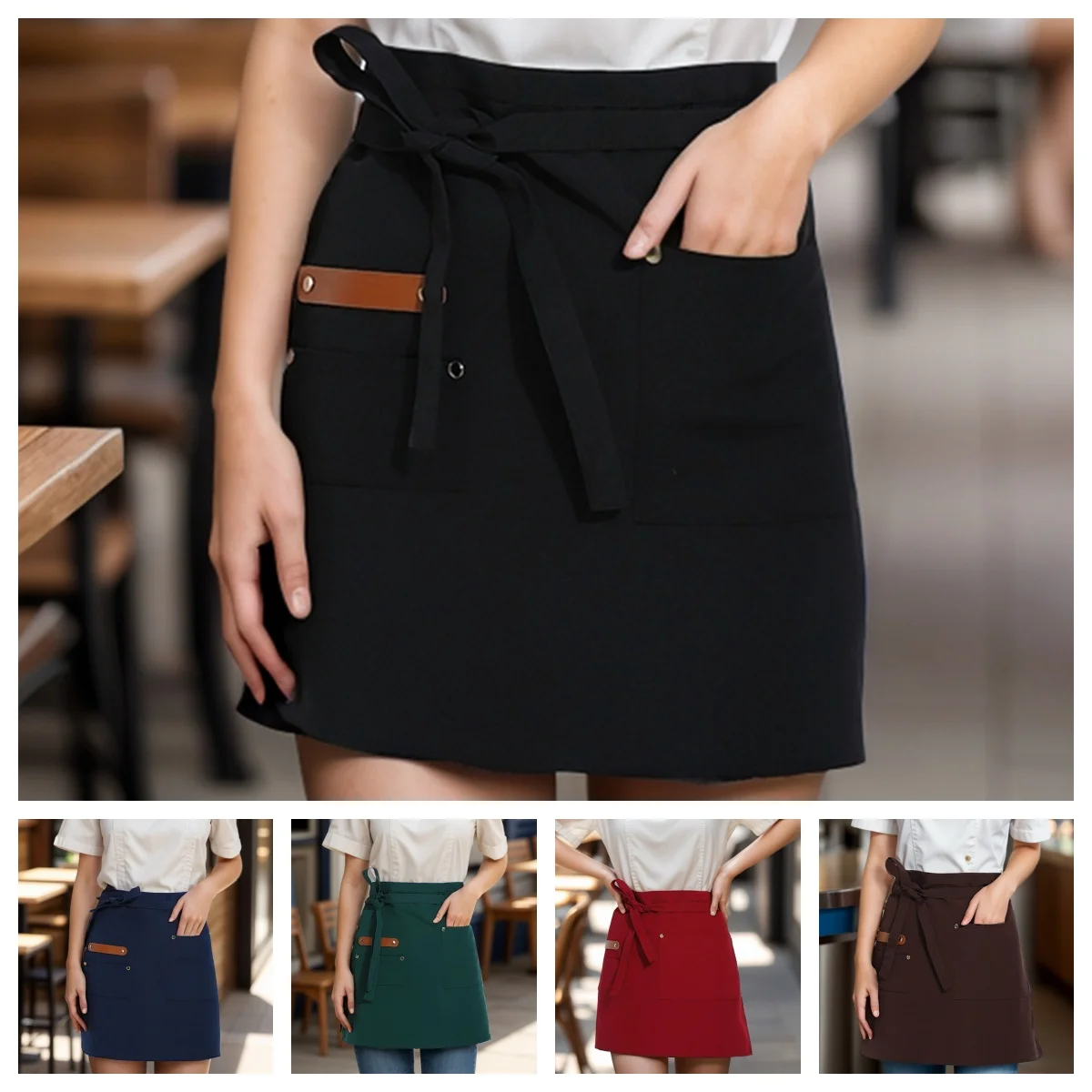 1 piece kitchen canvas apron, ladies restaurant waitress apron, with extended waistband and reinforced seams, half apron