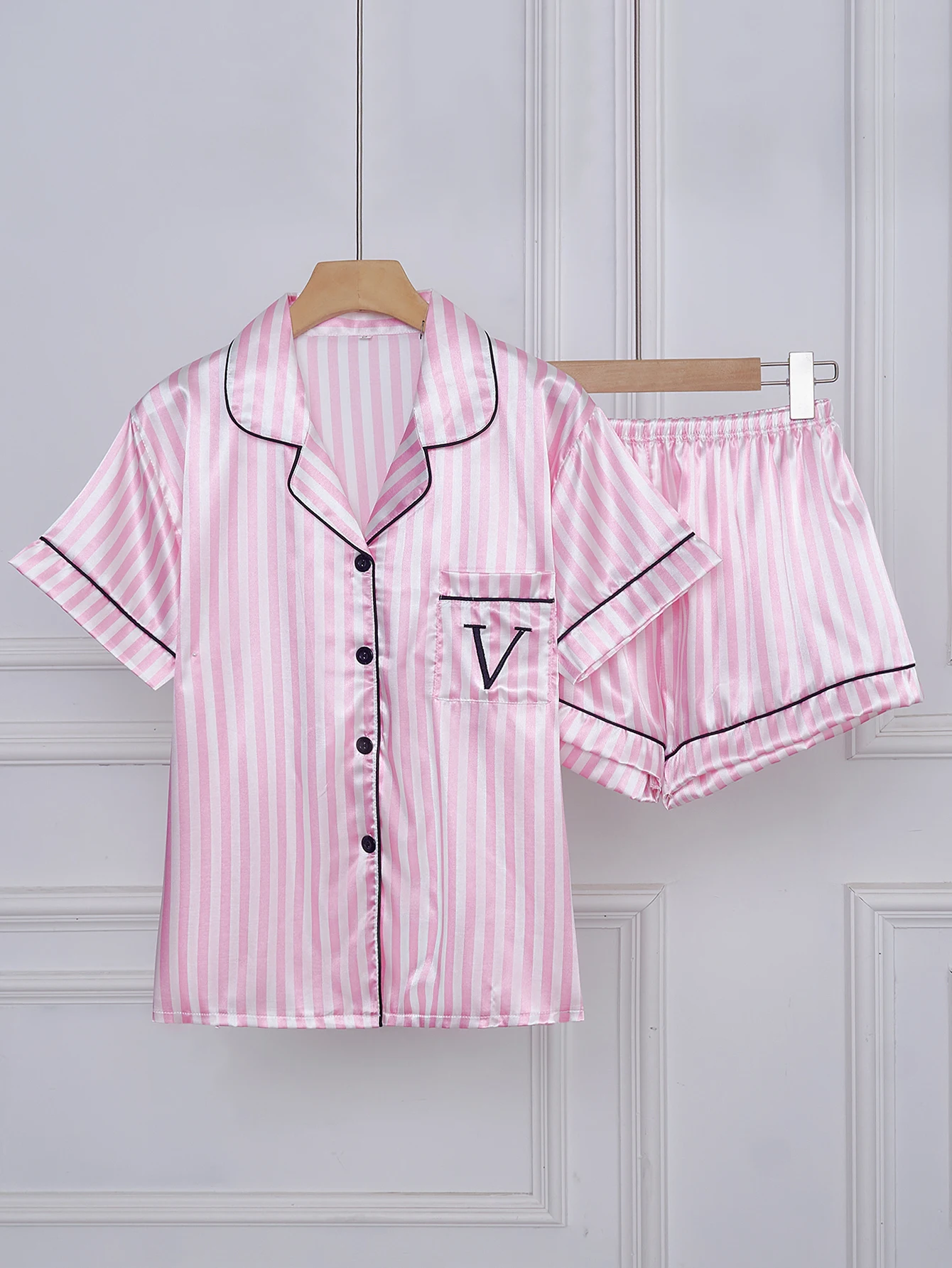 Striped Embroidered Letter Pocket Short Sleeve and Shorts Pajama Set, Casual Satin Sleepwear with Lapel Collar and Button Detail