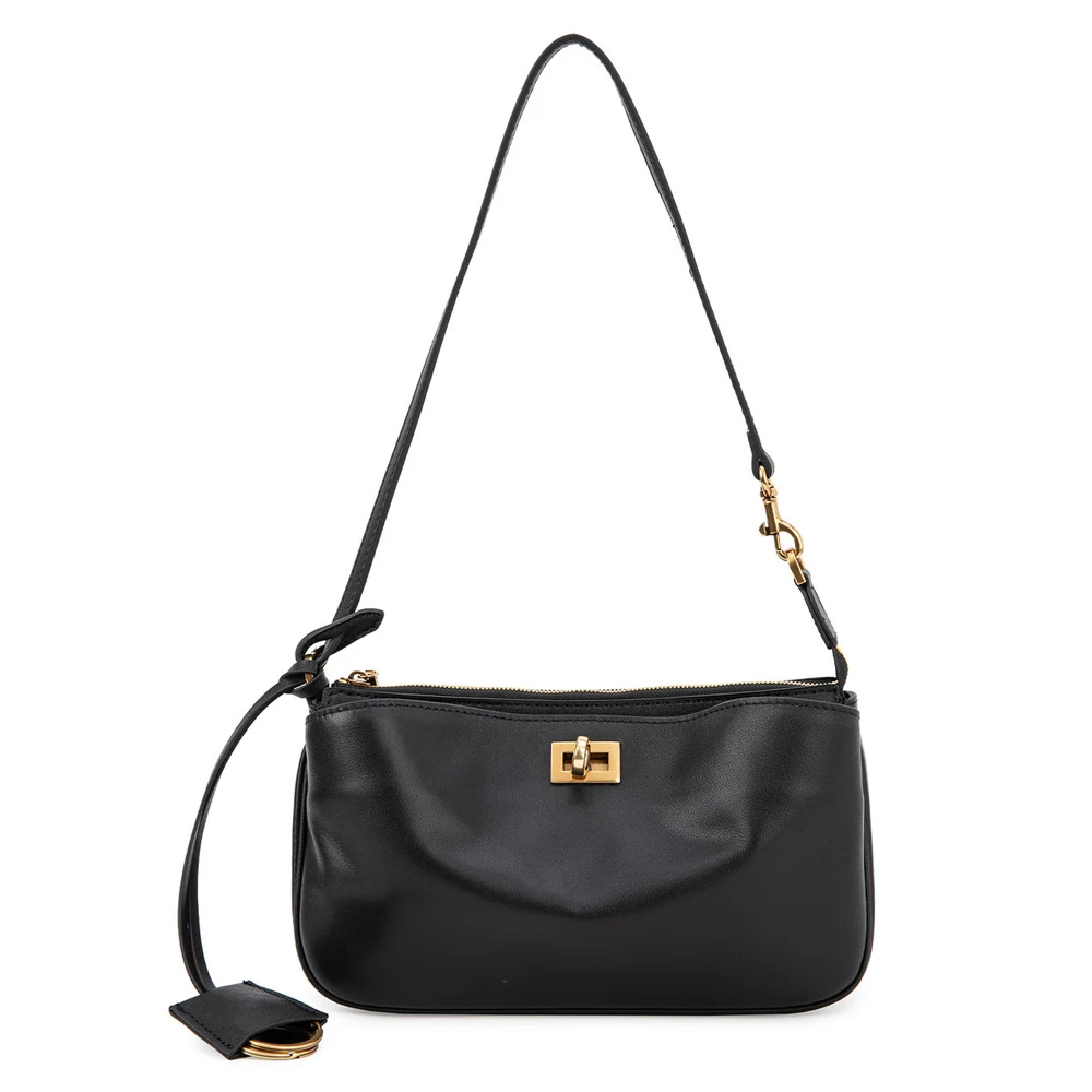 2025 Spring New Luxury Brand Rodeo Women Shoulder Bags Split Leather Black Handbags Women Fashion Gold Buckle Underarm Bags