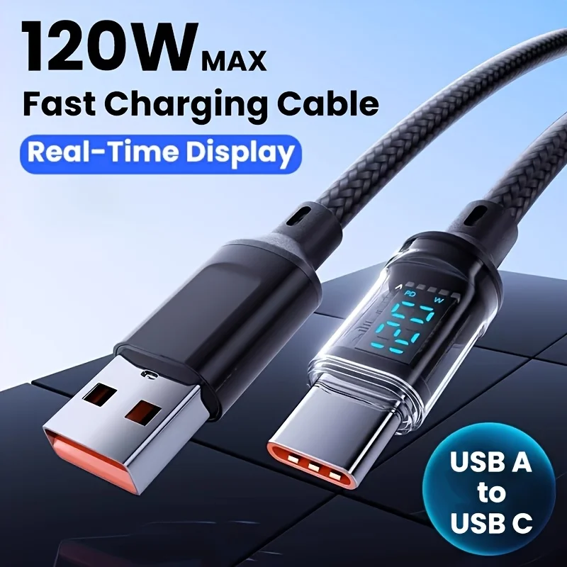 120W Super Fast Charging Cable Real-time Digital Display USB A to Type C data Cable For iPhone Android Phones Universal