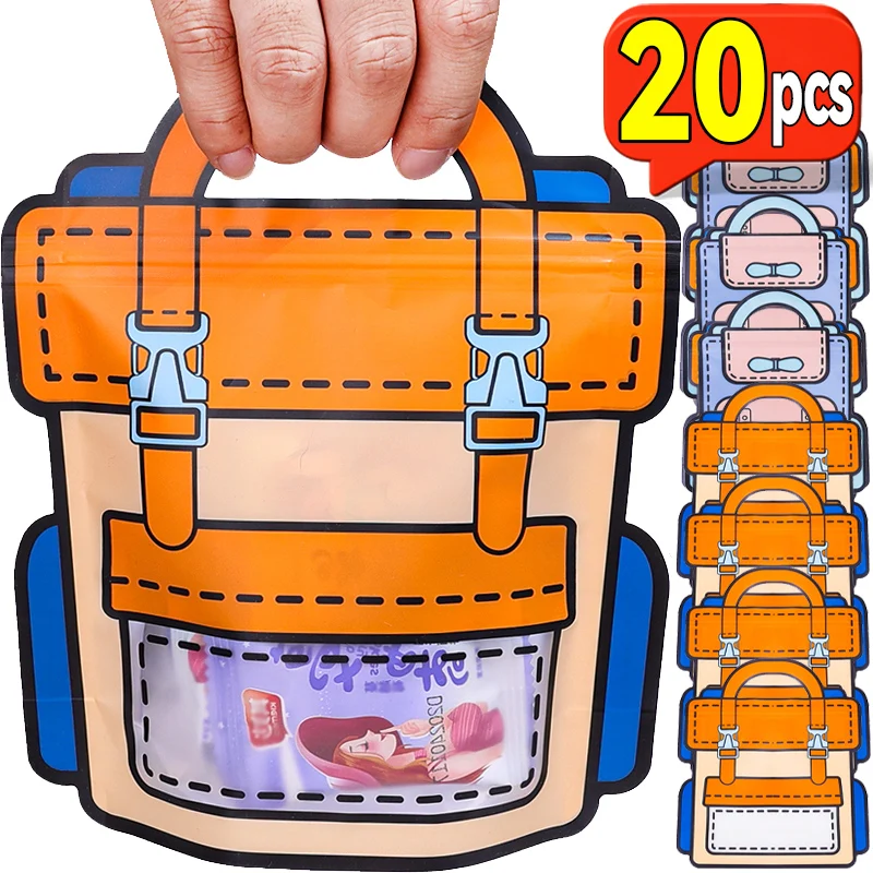 20/5PCS Cartoon Sealed Bags Schoolbag Shape Candy Snack Plastic Packaging Bag Self-lock Zipper Birthday Party Kids Gift Bag