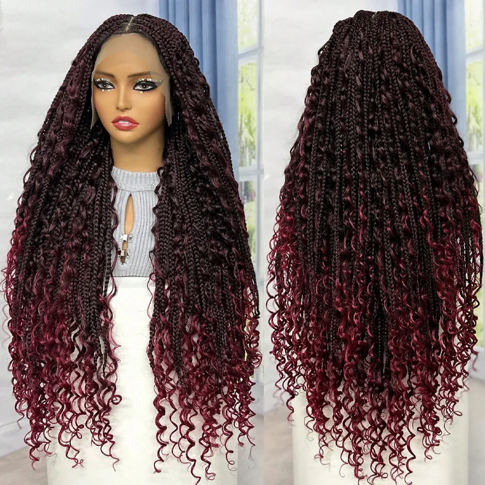 Ombre Burgundy 360 Full HD Lace Boho Braided Wig With Invisi Drawstring Double Full Lace Braided Wigs with Baby Hair Synthetic
