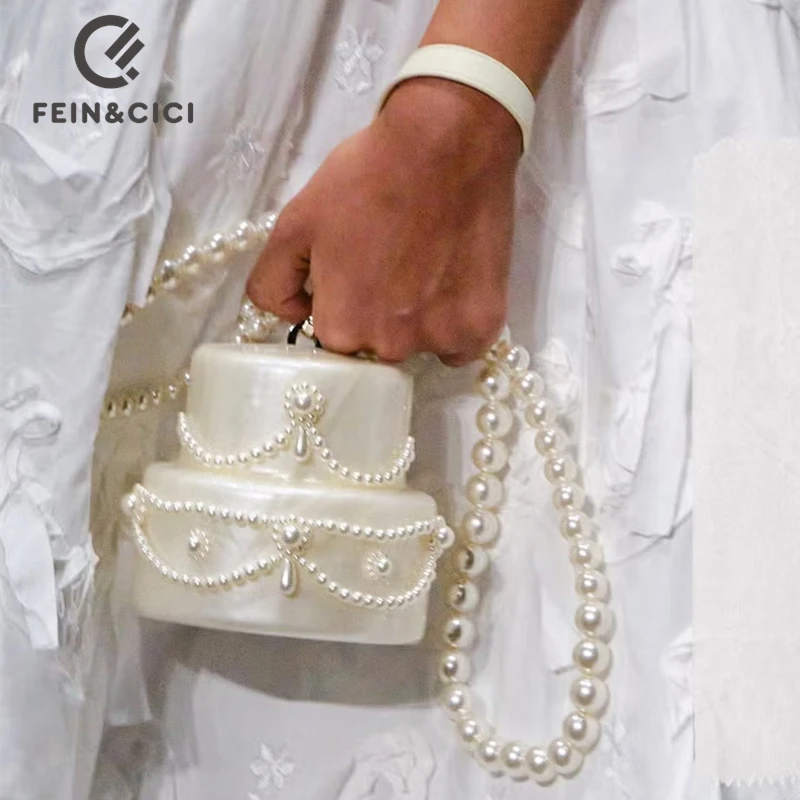 Cake shape clutch bag acrylic pearl color Evening dinner party purse Bag beaded box handbag