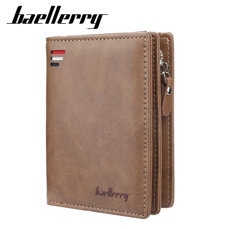 Baellerry Men PU Leather short Wallet With Zipper Coin Pocket Vintage Big Capacity Male Short Money Purse Card Holder