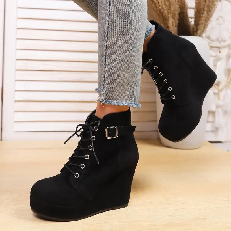 Chunky Platform Wedge Heel Black Suede Ankle Boots Women 2025 Winter Thick Bottom Super High Heel Short Boots Elevator Shoes 43