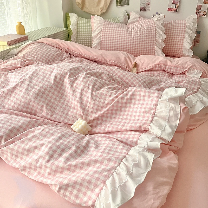 3 Piece Sheet Set pink plaid duvet cover Set ， comfortable Bedding Set Bedspread for All Season