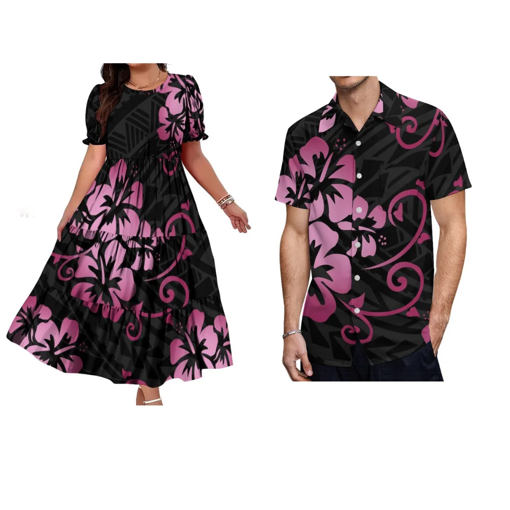 Polynesian Custom-Made Round-Neck Short-Sleeved Long Women'S Dress With A Layered Cake Dress And Casual Men'S Shirt