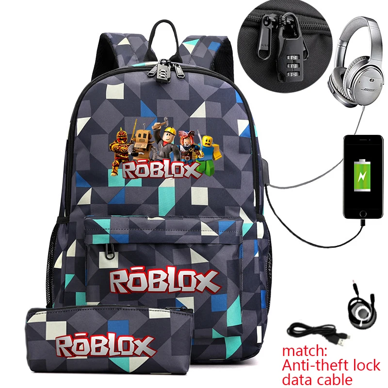 Kids Anti Theft School Backpack Set with Roblox Game Print 2 Piece Bookbag and Pencil Pouch for Boys Girls Student Backpack