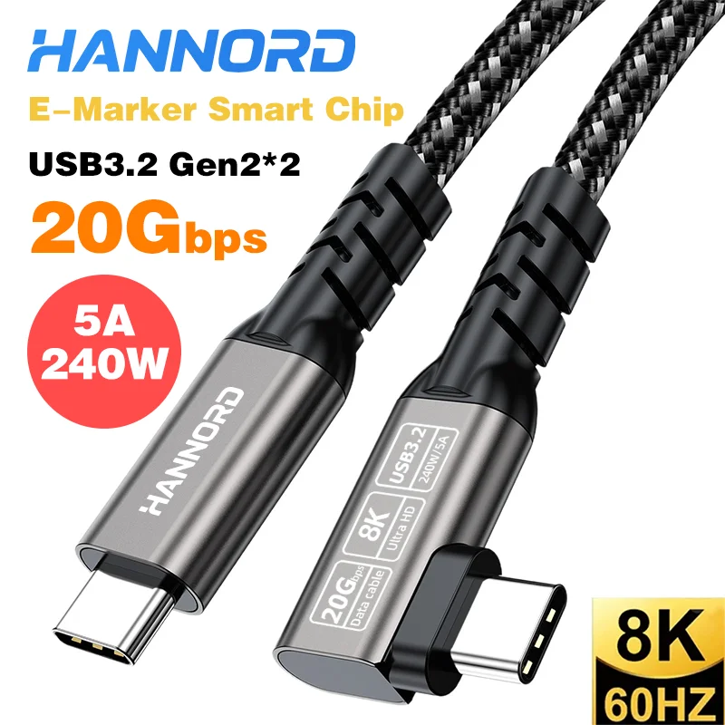 Hannord USB 3.2 Gen2 20Gbps USB C to Type-C 5A 240W Fast Charge Elbow 8K@60Hz UHD Data Transfer for Oculus Quest 2 VR Link Cable