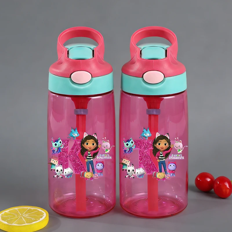 Gabbys Dollhouse Sport Straw Bottle 480ml Letter A-Z Cute Cat Girl Leak Proof Water Cup Cartoon Outdoor Kids Drinking Bottles
