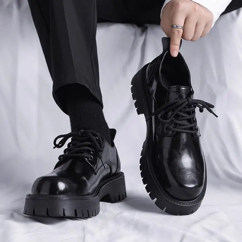 Men Korea Leather Platform Oxfords Slip On Thick Tottom For Male Derby Shoes Casual Loafers Mens Square Toe Formal Dress Shoes