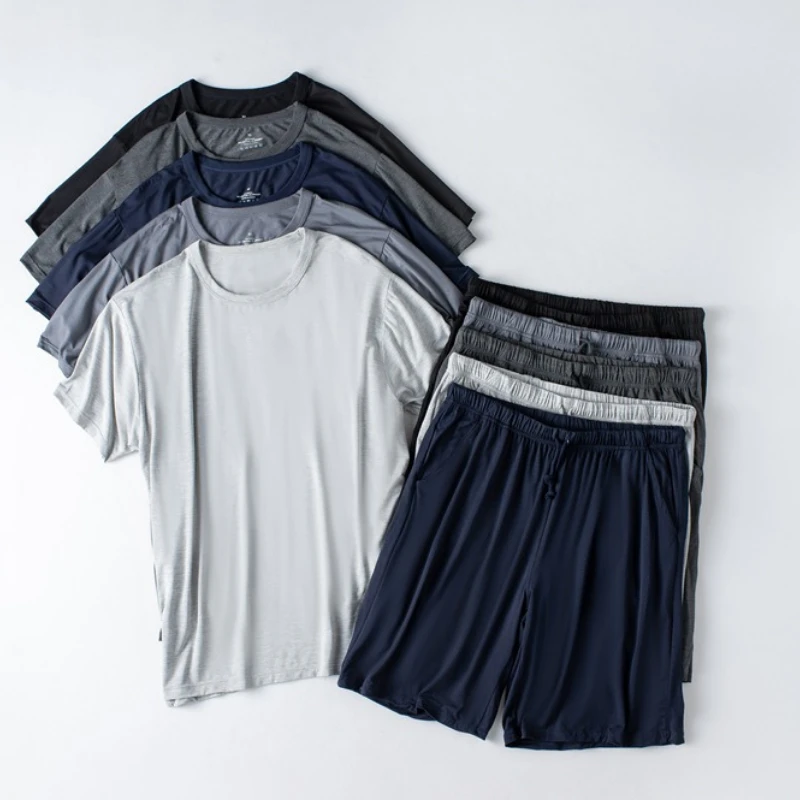 Modal Cotton Pajamas Suit Summer Men's Thin Loose Short-sleeved Shorts Nightwear Male Soft Breathable Homewear Sports Loungewear