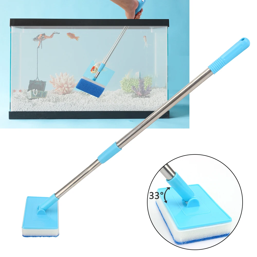 Super Long Handle Aquarium Fish Tank Glass Window Algae Cleaner Scrubber 180° adjustable Double-Sided Sponge Cleaning Brush