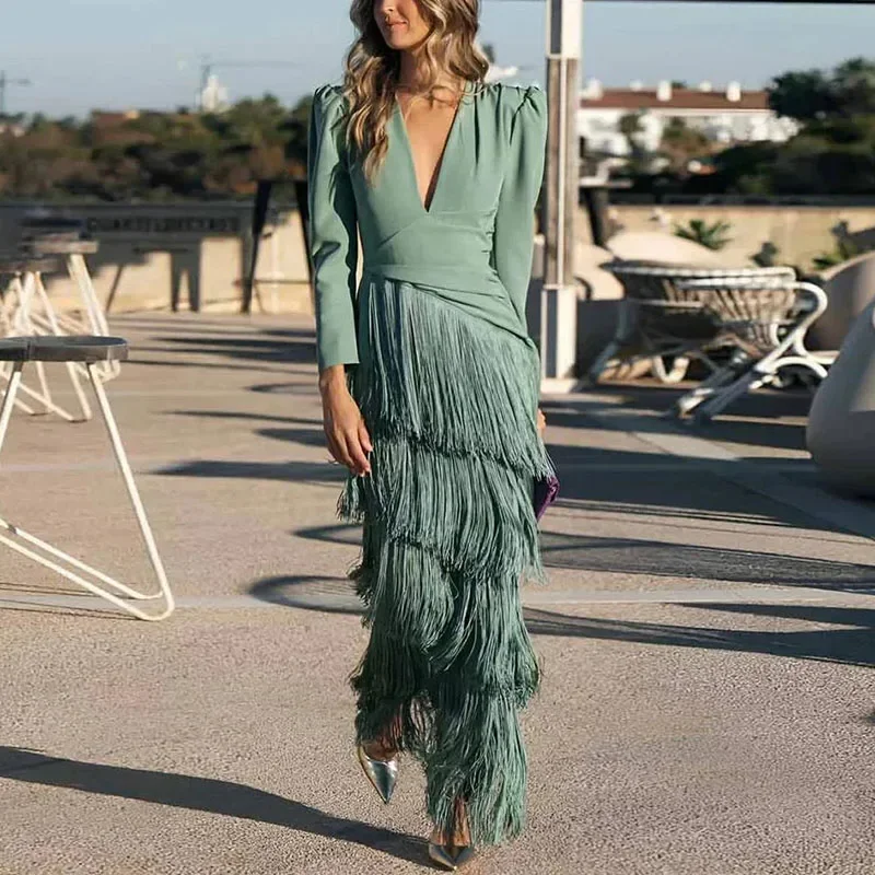 French Elegant Deep V Neck Slim Prom Dresses 2025 Spring Solid Spliced Tassel Long Dress Woman Long Sleeve New Autumn Maxi Dress