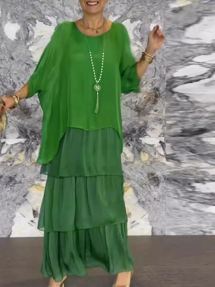 Elegant Print Dress Female Casual O Neck Pullover Ruffles Loose Long Dresses For Women Summer Fashion Dresses Womens Clothing