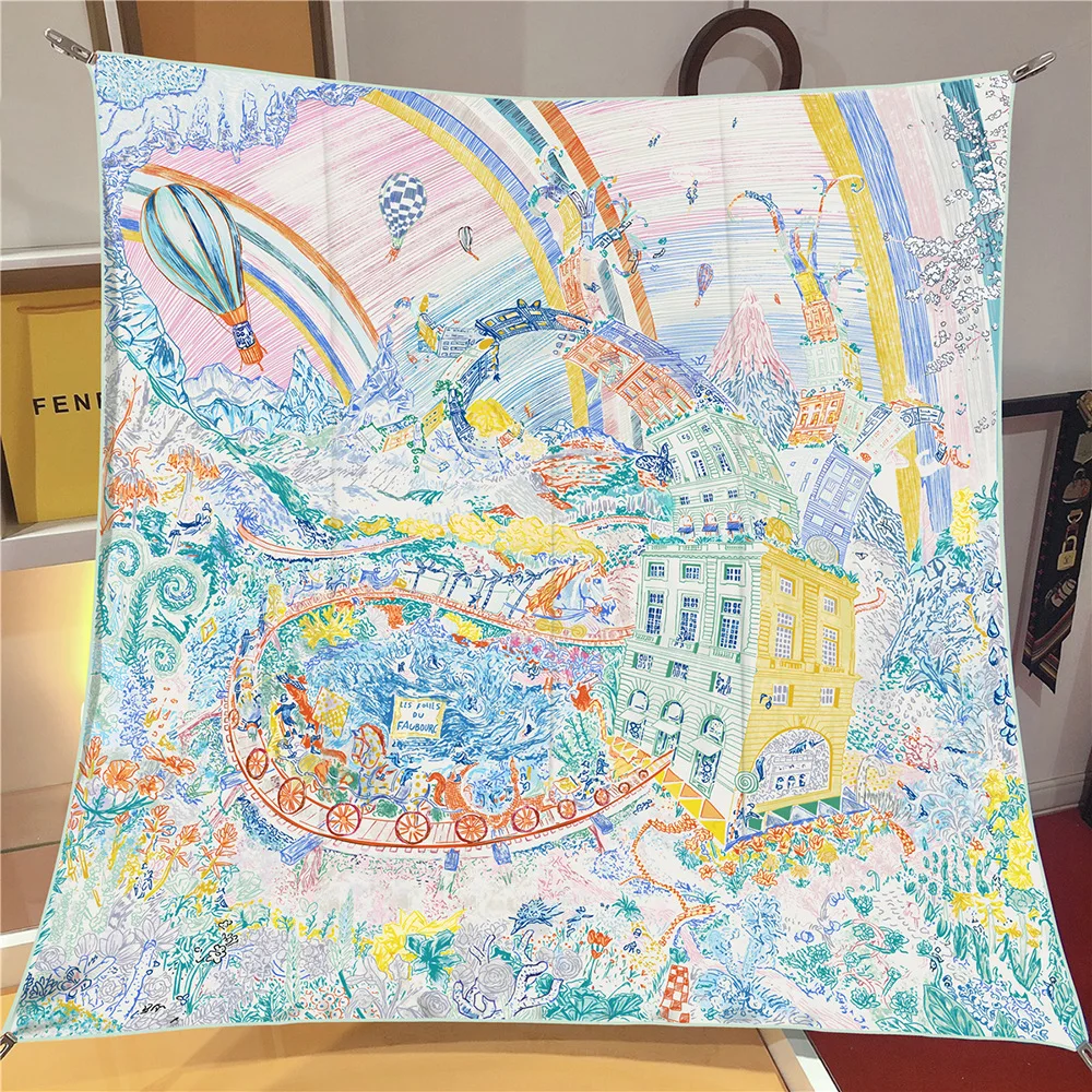 90CM Silk Scarf Women Foreast City Print Square Scarves Head Echarpes Silk Foulards Femme Wraps Beach Shawls Bandana Lady Hijabs