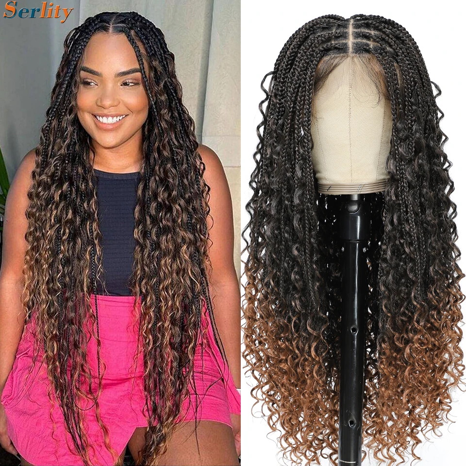 Ombre Synthetic Boho Knotless Box Braided Wigs for Black Women 1B/30 Bohemian Braids Wigs Lace Front Braided Wigs with Baby Hair